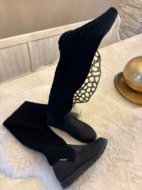 MUK LUKS Black Faux Leather Black  Boots with Knit Fall Down Top, Size  US 9